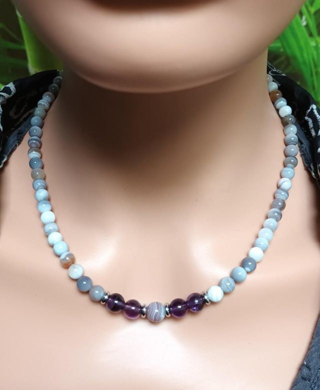 Collier en agate botswana et améthyste