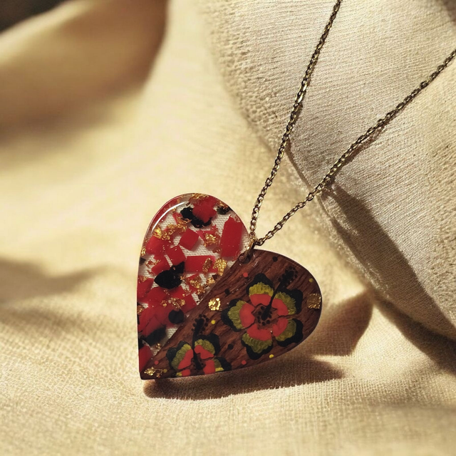 Collier dessiné Flora acier inoxydable rouge noir et doré bi matière