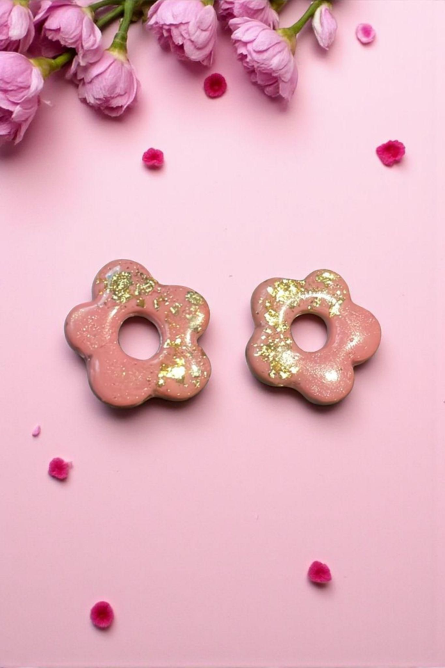 Pampilles interchangeables fleurs rose et feuilles dorées pour créole 