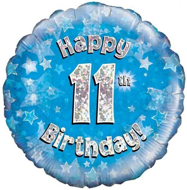 18" HAPPY 11TH BIRTHDAY BLUE HOLOGRAPHIC FOIL