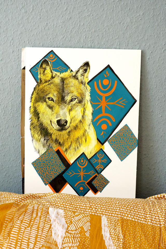 Illustration originale A3  gouache "Le regard du Loup"