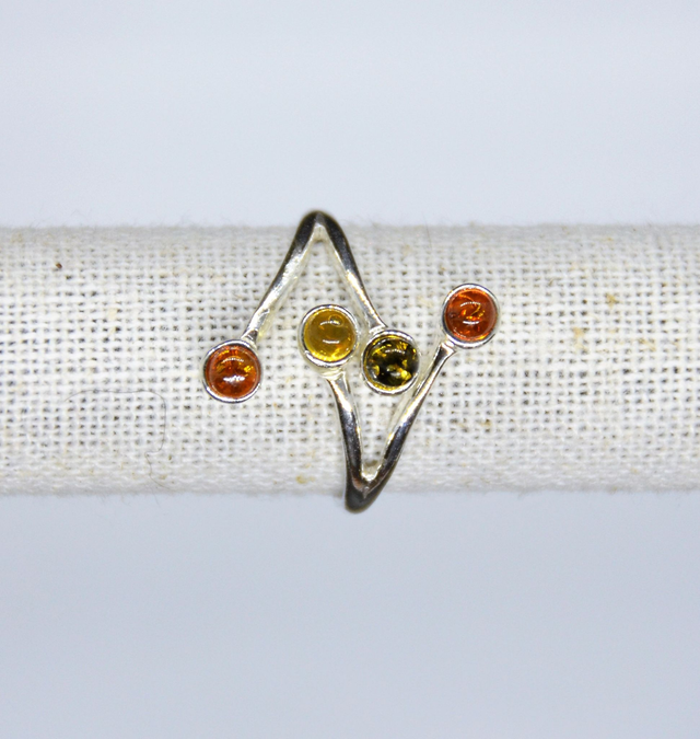 Bague 4 pierres Argent &amp; Ambre baltique réglable
