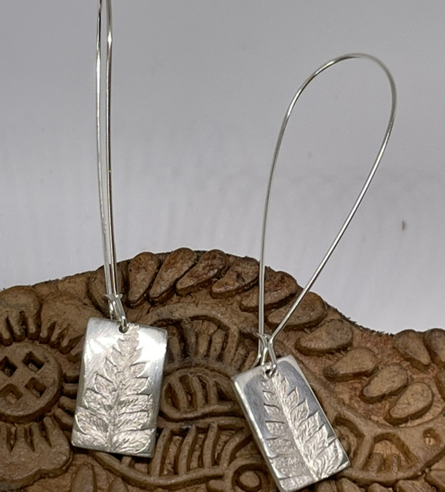 Fern Leaf impression long drop earrings