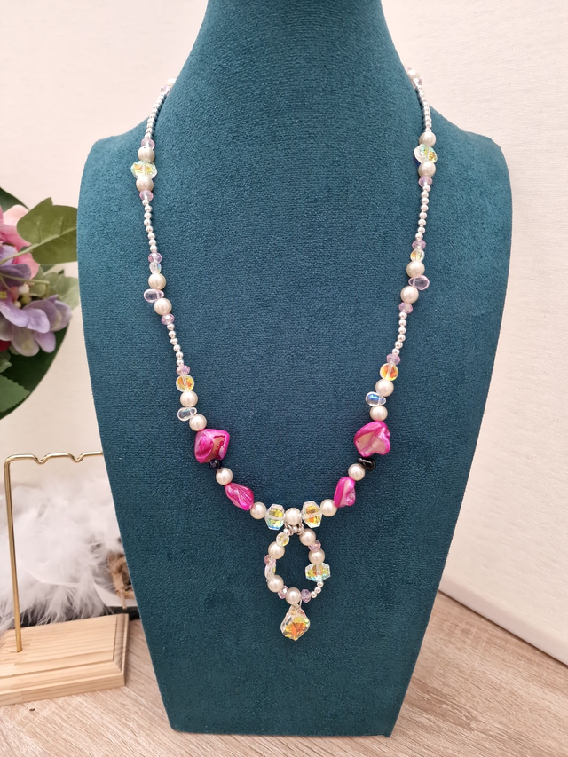 Collier Sautoir Perles Nacrées Perles Cristal Perles Coquillage Fushia