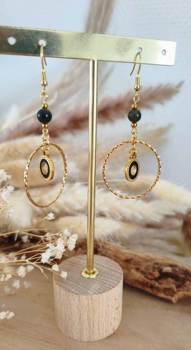 A Boucles d'oreilles "Anneau" Obsidienne