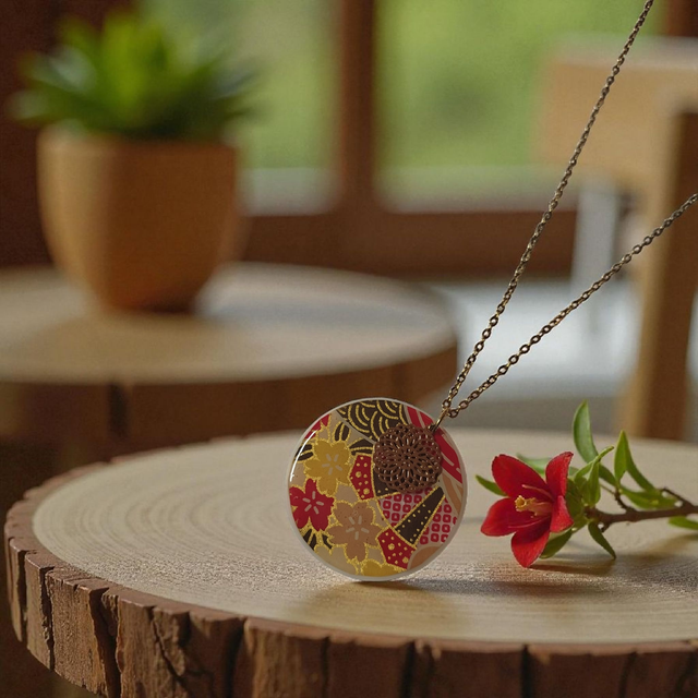 Collier acier inoxydable motifs japonais rouge marron et jaune