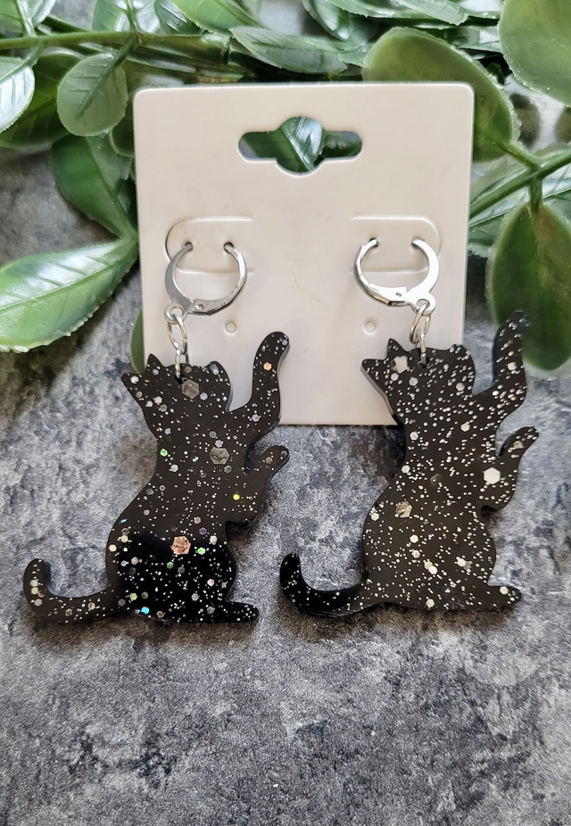 Earrings | Black Cats Reaching with Silver Glitter Sparkle | Witch Cat Stainless Steel Hoops