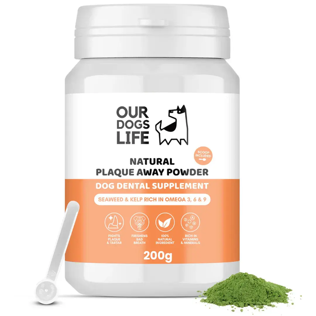OURDOGSLIFE NATURAL PLAQUE AWAY POWDER, natūralūs dantų apnašų šalinimo milteliai