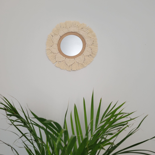 Miroir macramé et corde de jute.