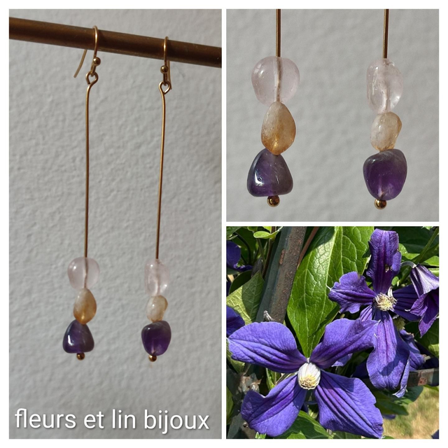 Boucles d&#039;oreilles longues améthyste, citrine jaune et agate rose (pierres naturelles) acier inoxydable doré -sans nickel, pièce unique 