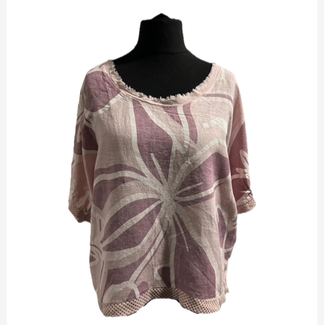 Pink Floral Design Linen with Mesh Look Back & Sleeves