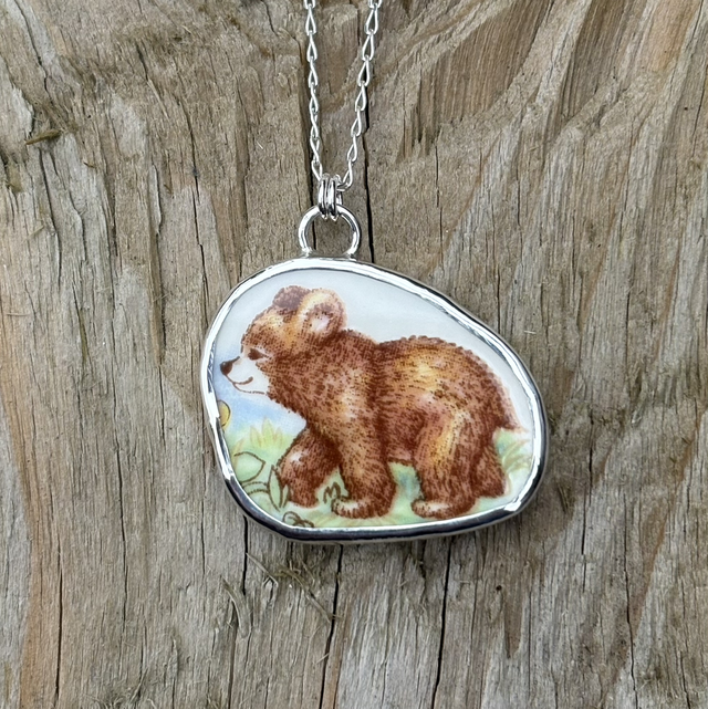 Recycled Pottery “Bear” &amp; Recycled Silver Pendant 