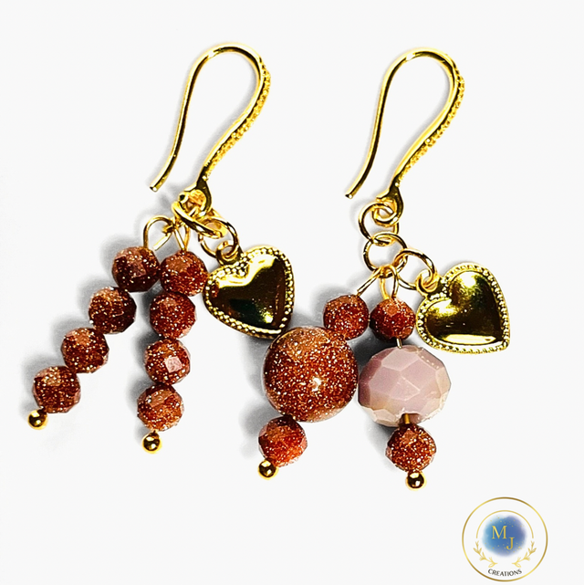 Handgemaakte Oorbellen met Goudbruine Natuursteen &amp; Kristallen