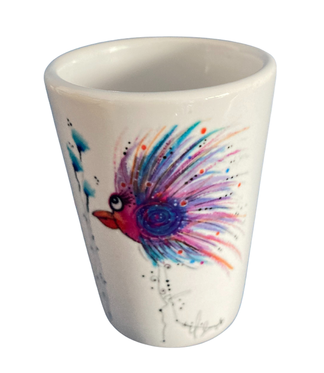 Schnapsglas Keramik "Lila Stelzenvogel"