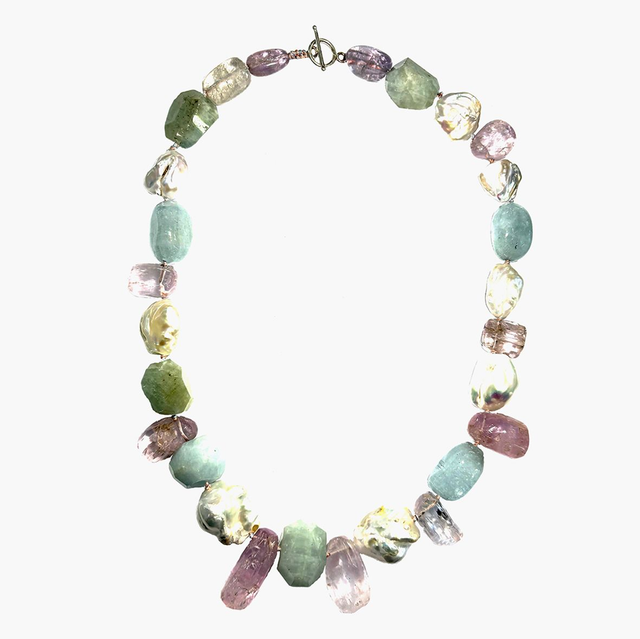 Collana con Kunzite, Acquamarina, Ametista e Perle barocche d'acqua dolce