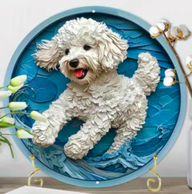 Wanddecoratie metalen bord Witte Poedel (20cm diameter)