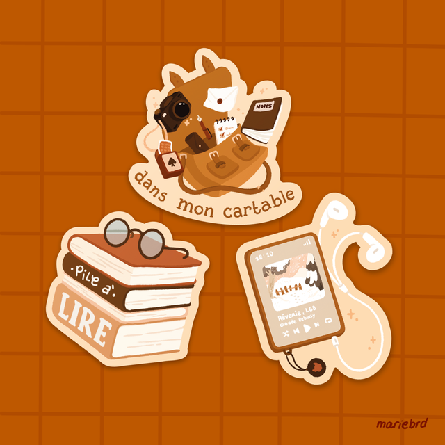 Pile à lire, cartable et musique classique | Lot de 3 stickers - Collection 3 sœurs.