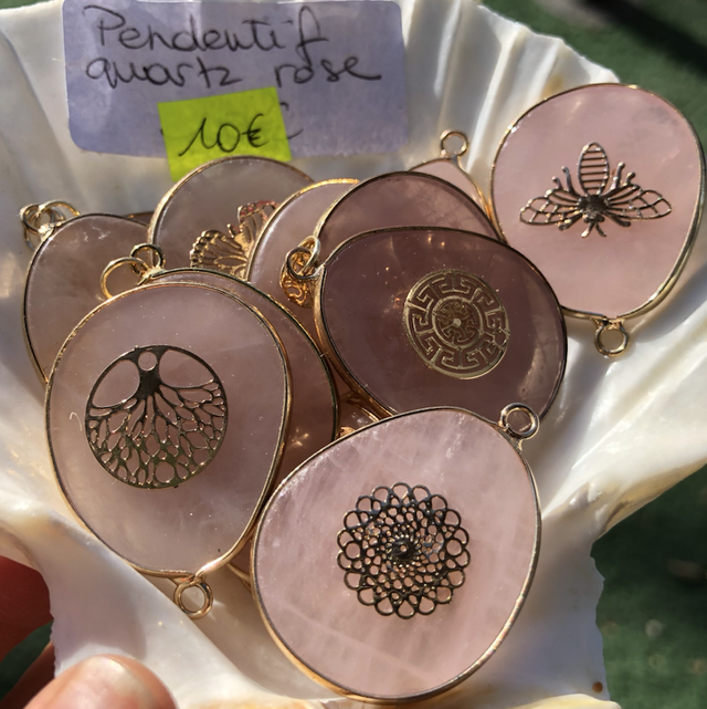 Pendentif lamelle de quartz rose fantaisie 