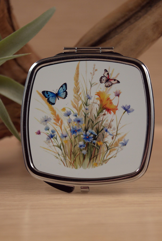 Wildflowers &amp; Butterflies Compact Mirror – Elegant &amp; Nature-Inspired Handbag Essential