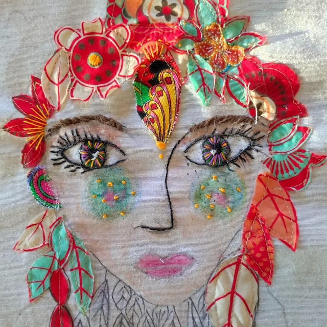 Tableau arts textiles portrait La femme fleurs 