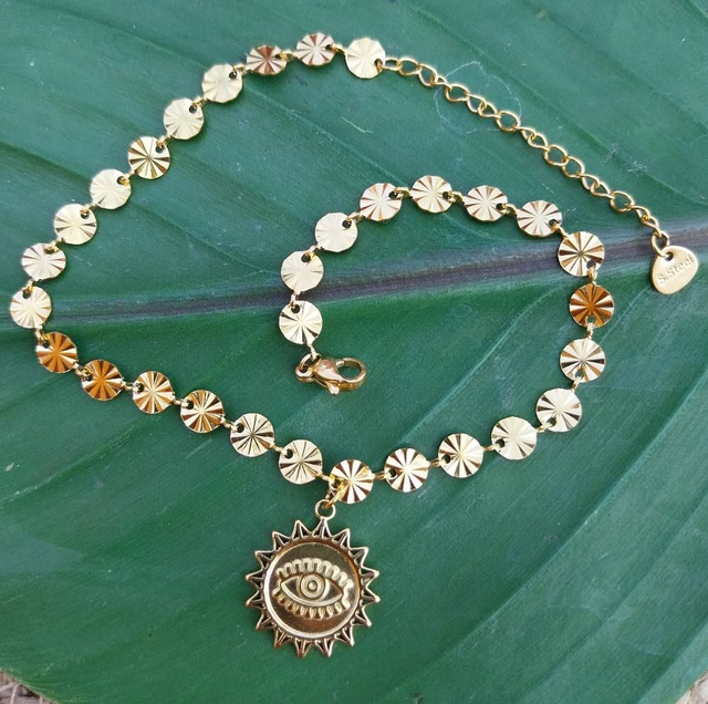 ✨Bracelet de cheville pastilles dorées et pendentif soleil oeil protecteur✨(6CHE)