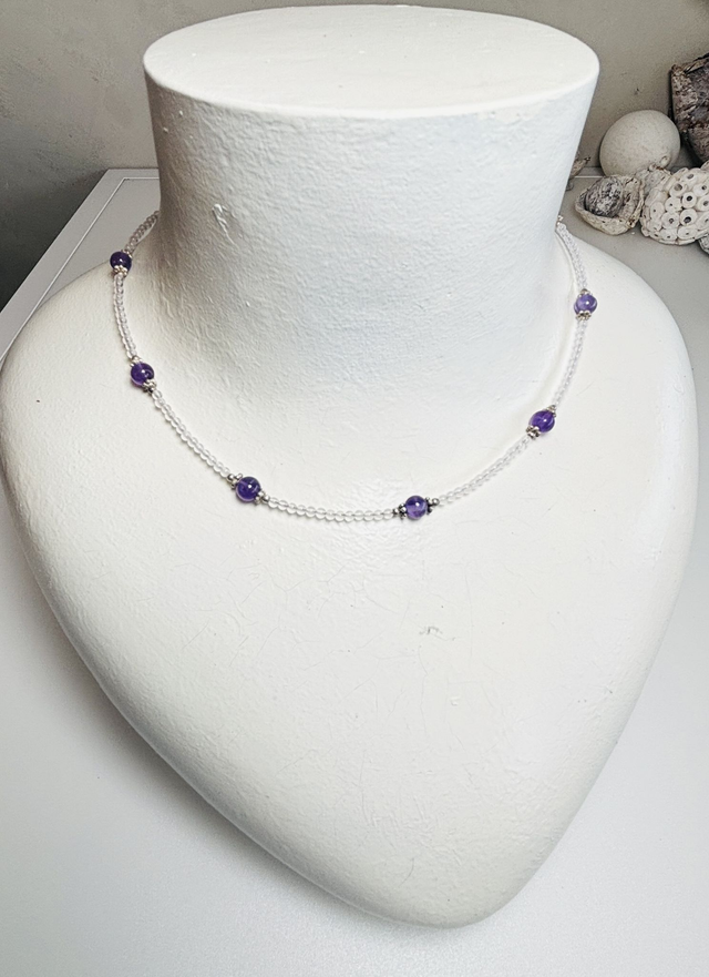 Collier pierres semi-précieuses Améthyste, quartz rose et argent.