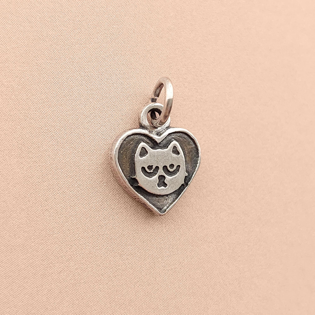 Handmade Silver Cat Necklace  - Sterling Silver Cat Charm - Silver Heart Pendant