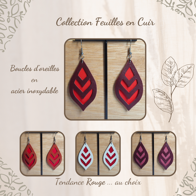 Boucles d&#039;oreilles en cuir  - Feuilles, tendance Rouge ...  