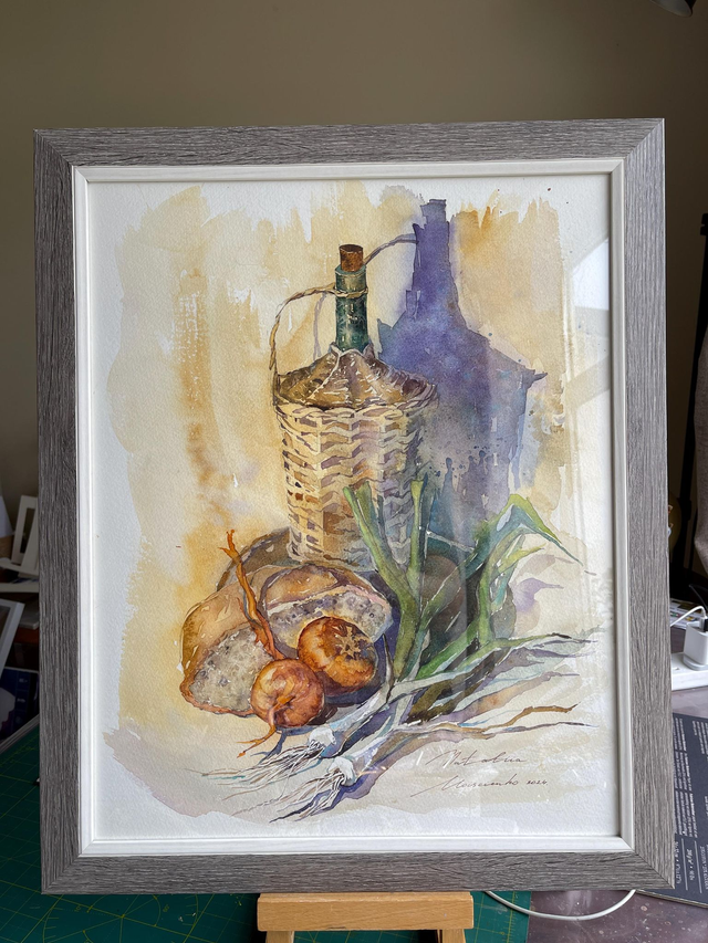 Old style still life Vine and veg. Original watercolour art