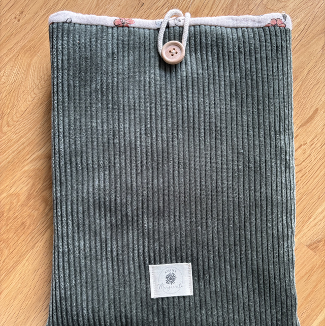 Protège livre broché - Velour kaki et fleuri 