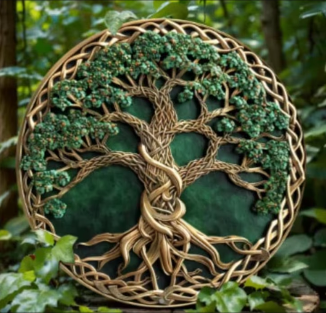 Vintage rond metalen bord Levensboom met knopen (20cm)