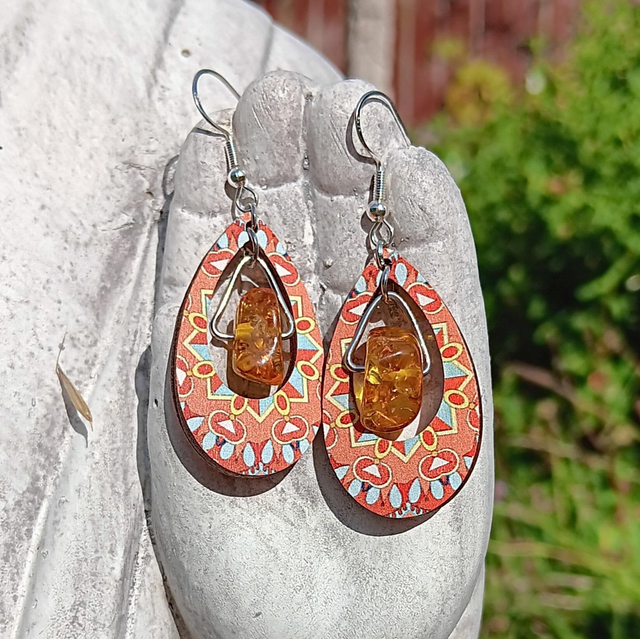 Glass bead and Patterned Wood Sterling Silver Earrings