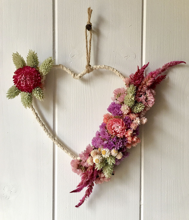Couronne de fleurs séchées naturelles en "Coeur" 15 CM Rose Violet et Vert