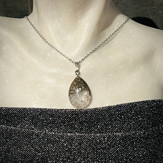 Crystal Energy Teardrop Pendant with Rose Quartz/metal shavings (medium)