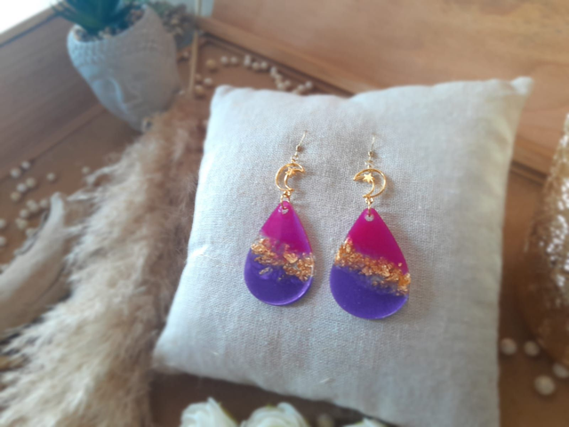 ✨ROMY✨Boucles d'oreilles en résine lune étoilée - Rose violet doré