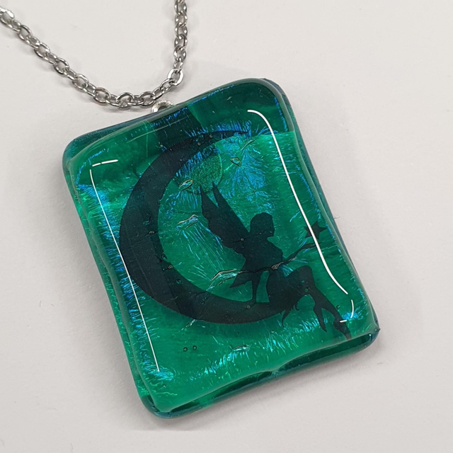 Iridescent green with fairy in the moon pendant NEW 
