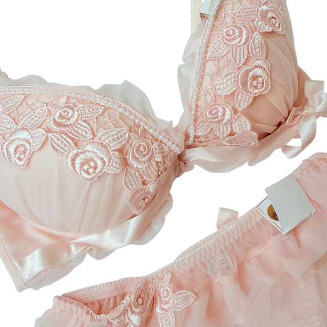 Pastel pink butterfly tulle Japanese Bra + Underwear Set UK 32C   