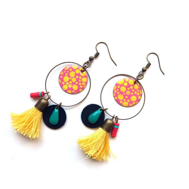 Créoles Upcyclées en Chambre à air de tracteur et Perles Recyclées - Multicolores 