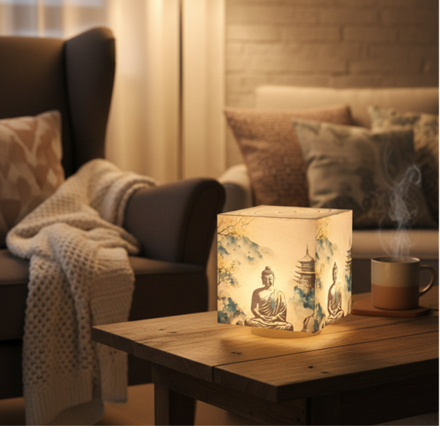 Lampe d'ambiance en cire 12x12cm- "Bouddha méditation"