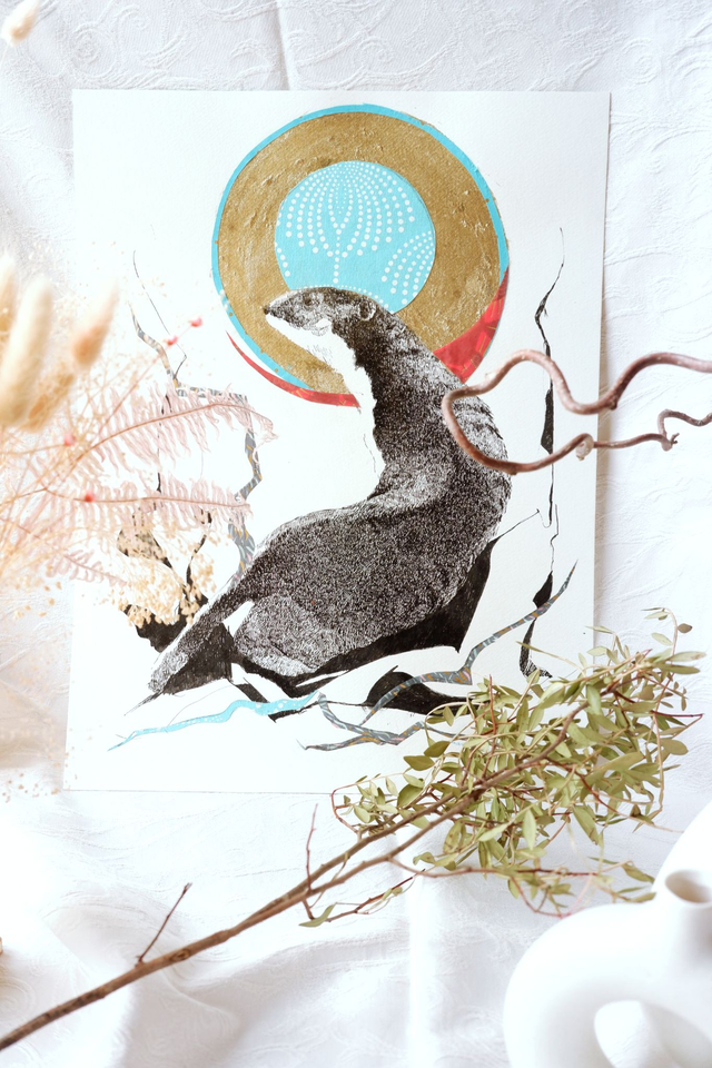 Illustration originale noir et blanc technique mixte "La Reine Hermine"