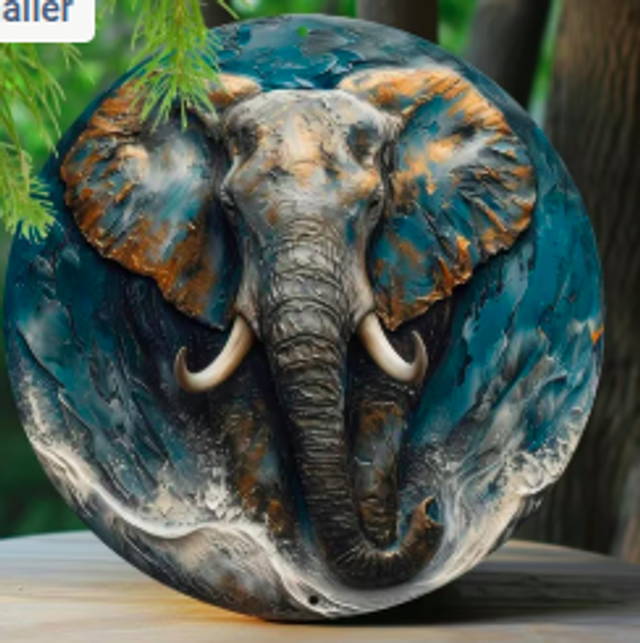 Wanddecoratie metalen bord Olifant blauw (20cm diameter)