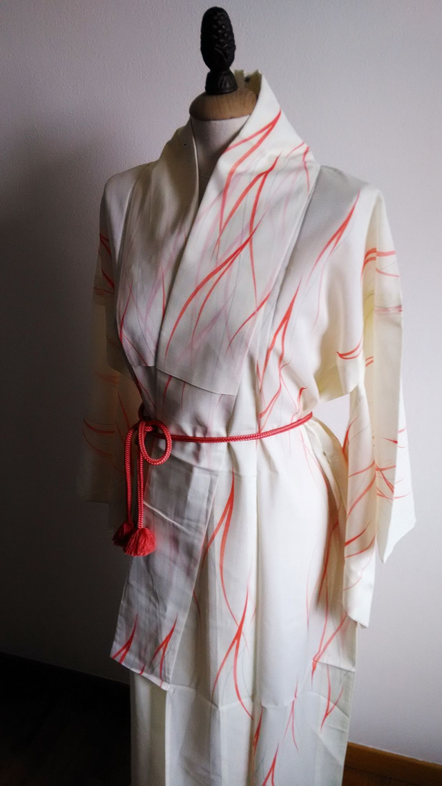 Cream Colour Vintage Japanese Kimono, Leaf Pattern Lightweight Kawaii Polyester Jacket Coat and Vintage Japanese Obijime Belt