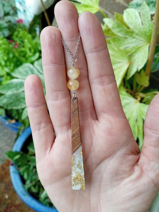 Citrine Bead, Wood &amp; Resin Charm Necklace 