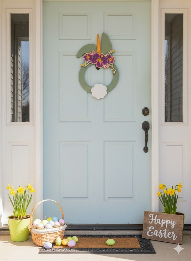 Couronne d’Entrée Pâques – Anneau Oreilles de Lapin & Pompon Fait Main