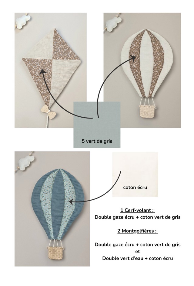 Lot 3 créations collection aérienne - vert de gris et ecru