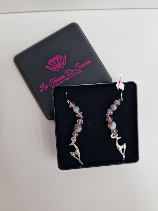 Boucles D&#039;oreilles Girafes Acier Argenté Perles Agate Indienne Aventurine