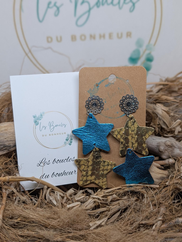 Boucles d&#039;oreilles Double star jaune bleu ds122