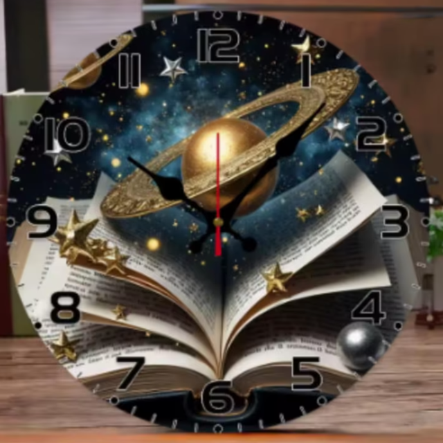Ronde wandklok van hout Sterrenhemel magisch boek (25cm)