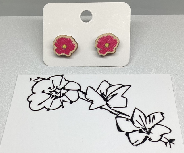 Wooden Pink Flower Studs