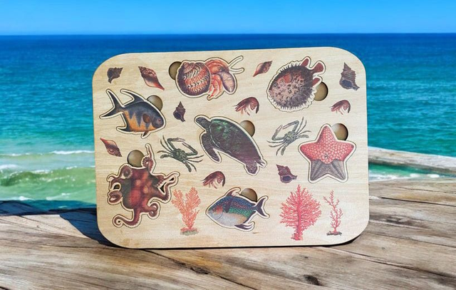 Jouet en bois bebe thème océan marin vintage